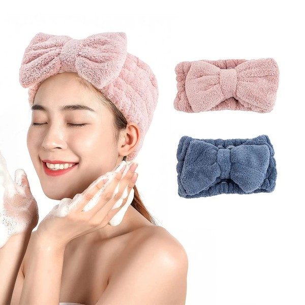 LICHUANUK Makeup Hair Band, 2 Pieces Women's Cosmetic Headband, Coral Fleece Headbands, Spa Hair Band for Facial Cleansing Beauty Yoga Blue, Pink