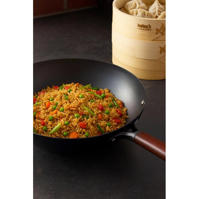 Helen's Asian Kitchen Deluxe Pre-Seasoned Wok, Non-Stick Carbon Steel and