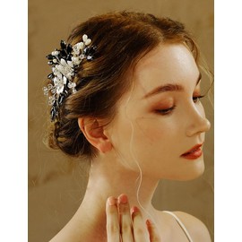 Teyglen Black Crystal Hair Comb Rhinestone Wedding Hair Piece for Bride Bridal Black Rhinestone Side Comb Bridal Flower Pearl Headpiece Wedding Hair Accessories for Women Bride Girls