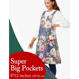 APRONNER Cozy Adjustable Cross Back Aprons for Women with Pockets Cotton Linen Cooking Kitchen Baking, Colorful Peonies, Large
