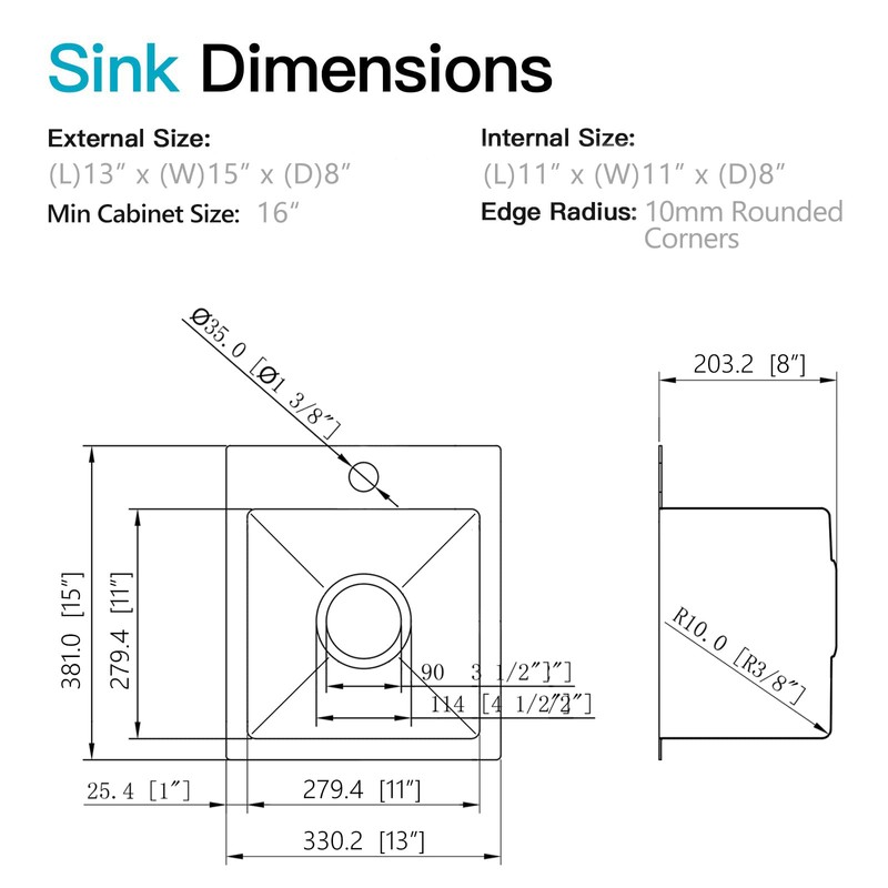 ZDHHT 13 x 15 x 8 Inch Black Drop-In Bar