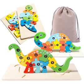 QULEWUU Wooden Toddler Puzzles for Kids Ages 3-5, Wooden Puzzles for Toddler, Montessori Toys for 3 Year Old Boys and Girls, 3-Pack Dinosaur Puzzles and 1-Pack Animal Wooden Puzzle
