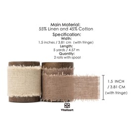 Vitalizart Beige & Brown Linen Ribbon with Spool 1 1/2 Inch Rustic Frayed Cotton Linen Ribbon for Gift Wrapping Wedding Invitations Bridal Bouquets 2 Rolls 10 Yards