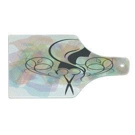 Ambesonne Hair Salon Cutting Board, Hairdresser Concept a Lady Silhouette with Scissor Icon on Pastel Color Backdrop, Decorative Tempered Glass Cutting and Serving Board, Wine Bottle Shape, Multicolor