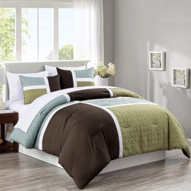 Chezmoi Collection Bernard 7-Piece Queen Bed in a Bag Comforter Set with Sheets - Lightweight Comforter Coffee Aqua Blue Sage Green Patchwork Quilted Medallion Bedding Set for All Season