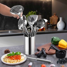 Stainless Steel Cooking Utensils Set, LIANYU 31-Piece Metal Kitchen Tools with Holder, Heat Resistant Kitchen Utensil for Cooking, Non-toxic Kitchenware Include Skimmer Turner Spatula, Dishwasher Safe
