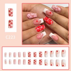 Valentine's Day Press on Nails Square Short Fake Nails Valentines False Nails With Love Heart Pink Red Lips Designs Full Cover Stick on Nails Acrylic White French Tip Artificial Nails for Women 24Pcs