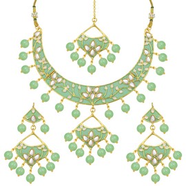 Aheli Traditional Wedding Jewelry Faux Kundan Matte Finish Necklace with Maang Tikka Set Gift for Women Mint