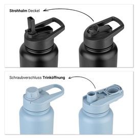 Vinsun Thermosflasche blau 1L - Strohhalm, Trinköffnung - auslaufsicher, Kohlensäure geeignet, BPA frei - isolierte Trinkflasche Edelstahl für Sport, Schule, Fahrrad, Büro, Camping