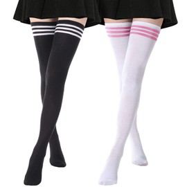 DRESHOW 2 Pairs of Women's Extra Long Socks Over Knee Long Knee Socks Overknee Stockings Retro Student Over Knee Knitted Socks, 2 pairs: white, black 23-h22