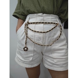 GIMIRO Women's Waist Chain Belt Alloy Waistband [ 8 mm x 110 cm ] Flexible Belt Multiuse Bag Straps Phone Lanyard Business Card Lanyard, Black/Camellia