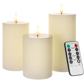 ANGELLOONG Ribbed Pillar Candles for Home Decor, Real Wax Flameless Candles with Remote, Set of 3 Battery Operated Candle, LED Electric Timer Candle for Bathroom Party Living Room Decor