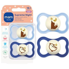MAM Supreme Night Pacifiers (2 Pack, 1 Sterilizing Pacifier Case), Best Pacifier for Breastfed Babies 16+ Months, Glow in the Dark Pacifiers, Boy Pacifier