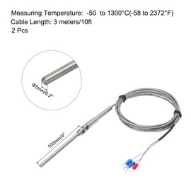 MECCANIXITY 2pcs PT100 RTD Thermocouple Stainless Steel M8 Temperature Sensor Probe -50 to 1300C 10ft 5x100mm