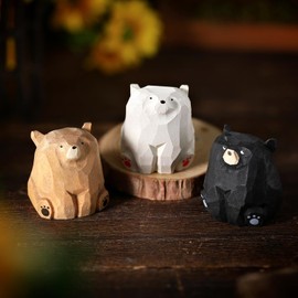 Lineshading 3 Pcs Miniature Bear Statues Funny Wooden Bear Figurines Safari Decor Woodland Animal Decor Rustic Wooden Animal Figurines for Bedroom Playroom Gift(2 x 2.2 Inch)