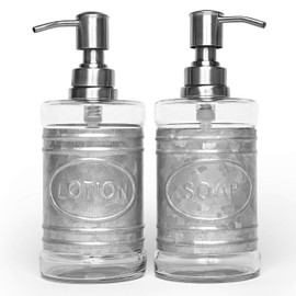 Autumn Alley Glass & Galvanized Soap Dispenser Set for Hand Wash, Sanitizer, Lotion, Dish Soap – Rust-Proof Liquid Soap Container with Pump for Kitchen/Bathroom – Charming Farmhouse Label Design
