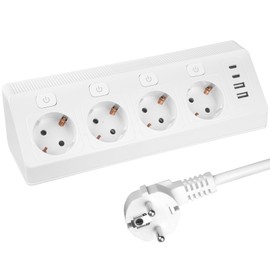 Steckdosenleiste mit 4 Schalter, 8-in-1 Mehrfachsteckdose mit USB (2X USB-A + 2X Type-C), 230V/16A/3680W, 2m Kabel, 4 Fach Mehrfachstecker, Desktop-Ecksteckdose für Büro & Zuhause