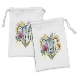 Lunarable Quirky Fabric Pouch Set of 2, Ram Head with the Horns and Blossoming Spring Flowers Bow Tie Dapper Fashion Art, Small Drawstring Bag for Toiletries Masks and Favors, 9" x 6", Multicolor
