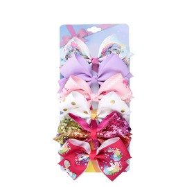 [6Pcs/Set] 4.7 Inch Sparkle Mermaid Unicorn Rainbow Colorful Hair Bows Clips Grosgrain Ribbon Alligator Accessories for Girls (Model-5)