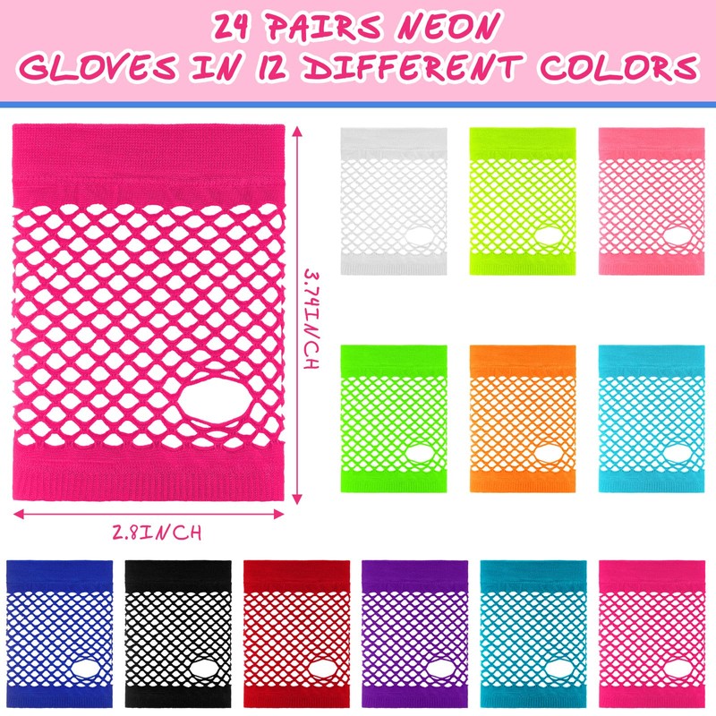 Jiuguva 24 Pairs 80s 90s Fingerless Fishnet Neon Gloves Mesh