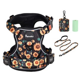 Petmolico No Pull Dog Harness Set, 2 Leash Attchment Easy Control Handle Reflective Vest Dog Harness Large Breed, Large Dogs Harness and Leash Set with Poop Bag Holder, Large Sunflower