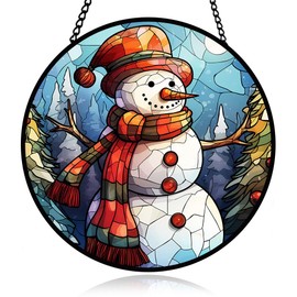 Snowman Stained Glass Window Hanging, Snowman Suncatcher Panel for Indoor Outdoor, Xmas Glass Hanging Ornament for Wall, Balcony, Porch Décor, Christmas Party Decoration Gifts for Boys Girls, Family
