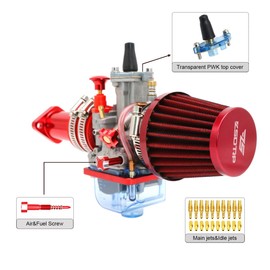 YWLUWEI PWK 21mm Carburetor Kit 50cc to 100cc 2T 4T Carburetor With Air Filter Intake Pipe Manifold Main Jets Idle Jets For Mini Bike Go Kart Parts Racing (Red, 21mm)