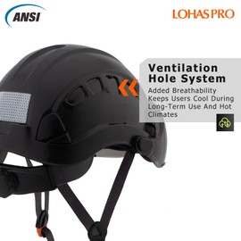 LOHASPRO Hard Hats Construction Safety Helmet with Visor ANSI Z89.1 Approved OSHA Hardhat, Vented Men Work Hard Hat with Chin Strap Tree Climbing Arborist Helmet (P2 Black+Smoked Visor)