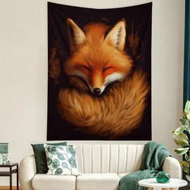 Buyidec Red Fox Sleeping Tapestry Wall Hanging Art Deco Tapestries for Bedroom Living Room Dorm