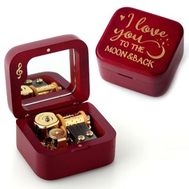 JYmusic Natural Solid Wood Clockwork Square Note Octave Box with Pause and Play Function, Gift for Birthday/Mother's Day/Children's Day/Valentine's Day/Christmas, Wine-red.
