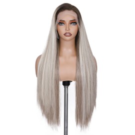 FAVE 13x4 HD Lace Front Wig 28" Ombre Wig Ash Blonde with Brown Highlight Long Straight Synthetic Hair, Pre-Plucked Hairline, Heat-Resistant Glueless Lace Front Wigs for Women
