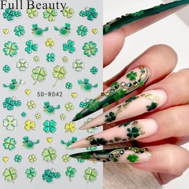[Overseas] Four-leaf clover nail spring relief green four-leaf clover lucky grass relief nail stickers new general specifications across borders/ Relief Sticker 5D-R011 (Cardboard Packaging) 30ea