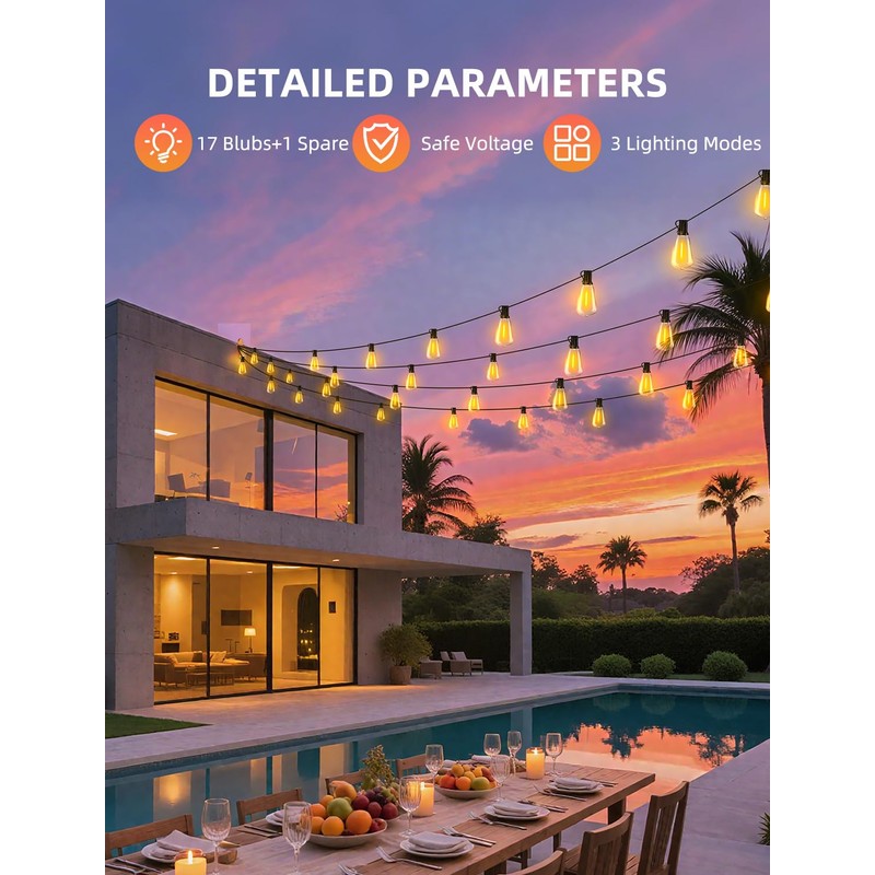 VOZUJI Outdoor Patio String Lights 50ft: ST38 LED Shatterproof Bulbs