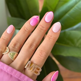 24Pcs Fake Nails Pink Press on Nails Short Almond False Nails Pink White Gradient Nails Press Ons with French Tip Design Glossy Full Cover Glue on Nail DIY Stick on Nail for Women and Girls