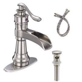 Bathroom Faucet Brushed Nickel Single Handle Bath Waterfall for Sink with Pop Up Drain Stopper One Hole Commercial Lavatory Deck Mount Supply Hose Lead-Free by Bathfinesse