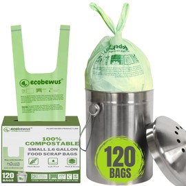 ECOBEWUS 1.6 Gallon 100% Compostable Bags Handle Tie (120 Bags) Small Disposable Compost Trash Bags Food Scrap Garbage Bags US BPI Certified TUV OK Compost Home Certified Meeting ASTM D6400 (120 ct.)