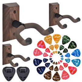 MOREYES Guitar Wall Mount 3 Pack, 42Pcs Guitar Picks with 7 Thickness 0.46 0.58 0.71 0.81 0.96 1.20 1.50 mm for Guitar, Rotatable U-Shaped Guitar Hanger for Acoustic Guitar, Black Walnut, Brown