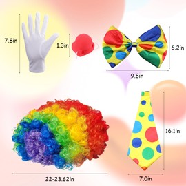 MUNSKT 7 PCS Clown Costume Wig Accessory Set,Afro Rainbow Wig,Colourful Tie,Clown Nose, Gloves, Whistle,Colourful Bow Tie, Hair Net for Role Play Parties, Mardi Gras and Carnivals