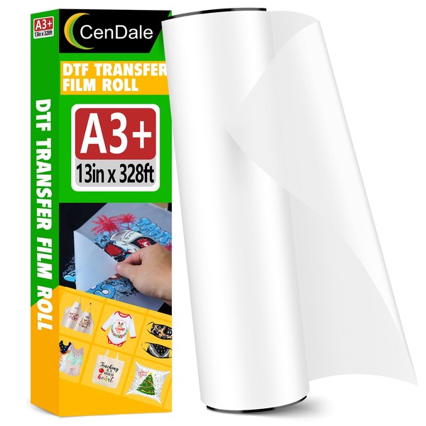 CenDale DTF Transfer Film Roll 13" x 328ft - Premium A3+ DTF Film Roll, Double Sided Matte Clear PreTreat PET Heat Transfer Paper, Hot & Cold Peel DTF Paper Roll, Direct to Film for T-Shirts Textile