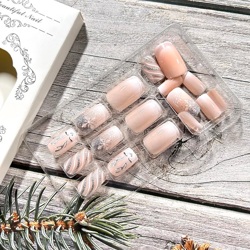 24Pcs Christmas Press on Nails Medium Artificial Square Acrylic False
