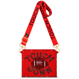 Game Day Purse for Women Beaded Football Touch Down Crossbody Bag Sport Team Spirit Party Favors Gifts (Red Black)