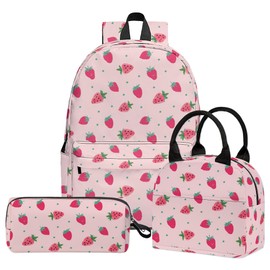 Okiretin 3PCS Girls Boys Backpack, Kids School Backpack with Lunch Box Pencil Case Set, Cute Strawberry Backpack for Girls Teens, 17" Schoolbag Bookbag for Elementary Middle High School Students