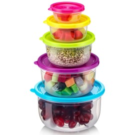 Blushtier 5 Pcs Food Storage Containers with Colorful Lids Plastic Round Stackable Salad Bowl for Kitchen Baking Cooking Takeaway Serving Prepping Mixing