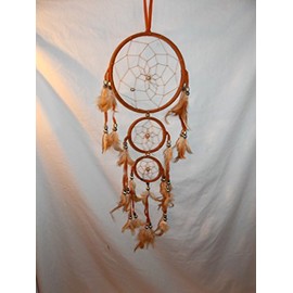Amber Color Triple Dream Catcher Mandella Beads & Feathers 26"