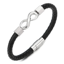 COOLSTEELANDBEYOND Mens Womens Black Braided Leather Bangle Bracelet Steel Infinity Love Number 8 and Magnetic Clasp(CA)