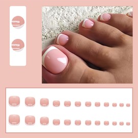 French Tip Toe Nails - 24 Pcs False Toenails - Short Square Toe Fake Nails With Glue - Full Cover Glossy French Style Press On Toenails - Stick On Gel Toe Nails For Women Nail Decoration