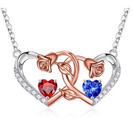 Iefil Gifts for Women - Double Rose Heart Necklace, Anniversary Birthday Gifts for Wife Girlfriend Mom| January & September Birthstone Necklace, Garnet & Sapphire Jewelry