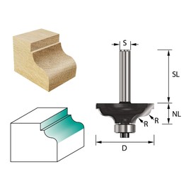 ENT Ogee Filet Cutter TC Shank (C) 8 mm, Diameter (A) 34,9 mm, B 14,3 mm, R 4,8 mm, D 32 mm, with fold and with Ball Bearing