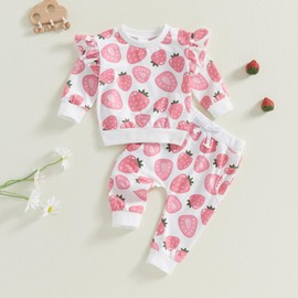 Toddler Infant Baby Girl Fall Winter Outfit 0-3 Years Long Sleeve Strawberry Print Ruffle Sweatshirt Pullover and Elastic Pants 2 Piece Tracksuit Set Clothes for Little Girls (White, 2-3 Years)
