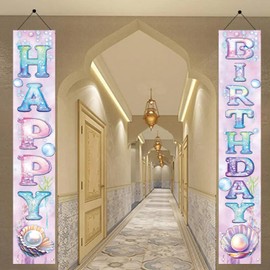 Starlit Patio 2PCS Happy Birthday Hanging Banner Porch Sign Mermaid Seashell Decorations Birthday Front Door Wall for Girls Kids Welcome Holiday Party Supplies Children Classroom 71 x 12 Inch
